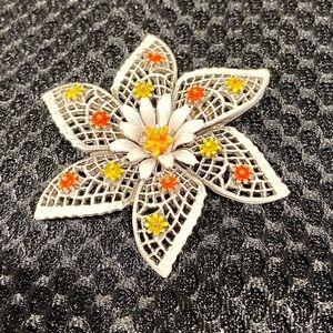 Vintage Signed ART White Enamel Layered Flower Brooch - Mid Century